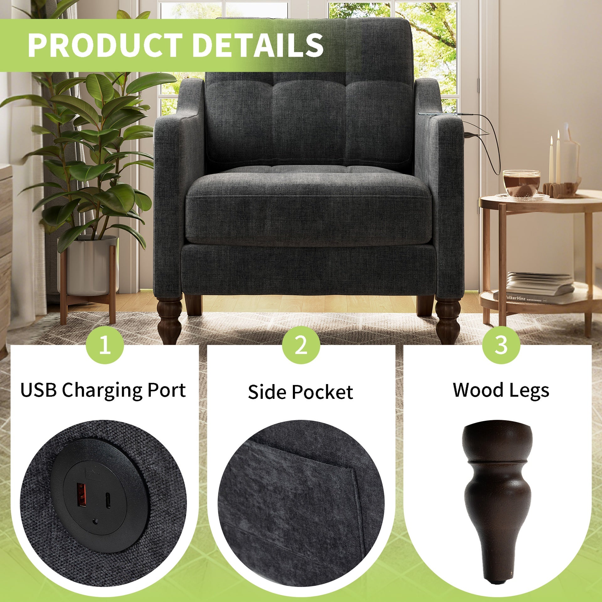 Accent Comfy Chenille Chair w/USB charging port,Mid+,Soft+,High-support Rebound Sponge,Ergonomic Wide Backrest,Retro Wooden Legs, Comfy Upholstered Arm Chair w/Side Storage for Living Room Bedroom.