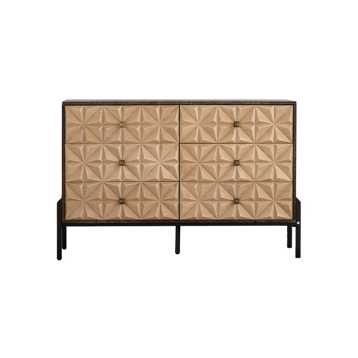 48.21" Mid-Century Modern 6-Drawer Sideboard - Solid Wood & MDF 3D Geometric Diamond Dresser, Buffet Console Table with Black Metal Legs for Living Room/Dining Room