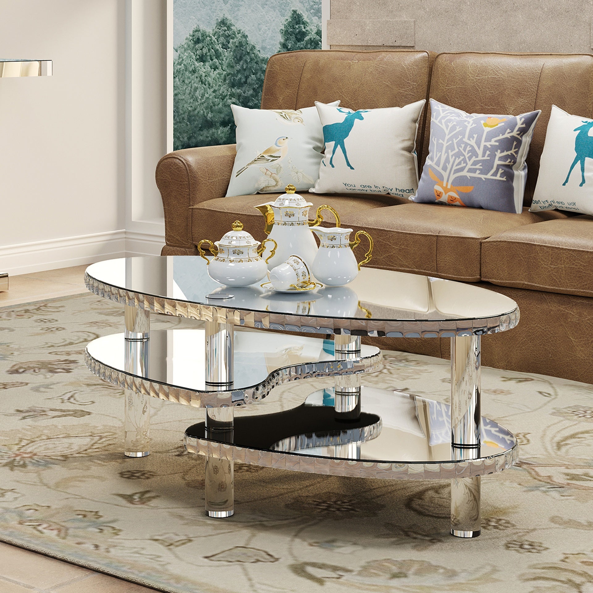 Silver Mirrored Glass Crystal Decor Coffee Table Oval Double-Layer  With Acylic Legs Modern Home Furnishing for Compact Living Spaces