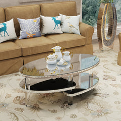 Silver Mirrored Glass Crystal Decor Coffee Table Oval Double-Layer  With Acylic Legs Modern Home Furnishing for Compact Living Spaces