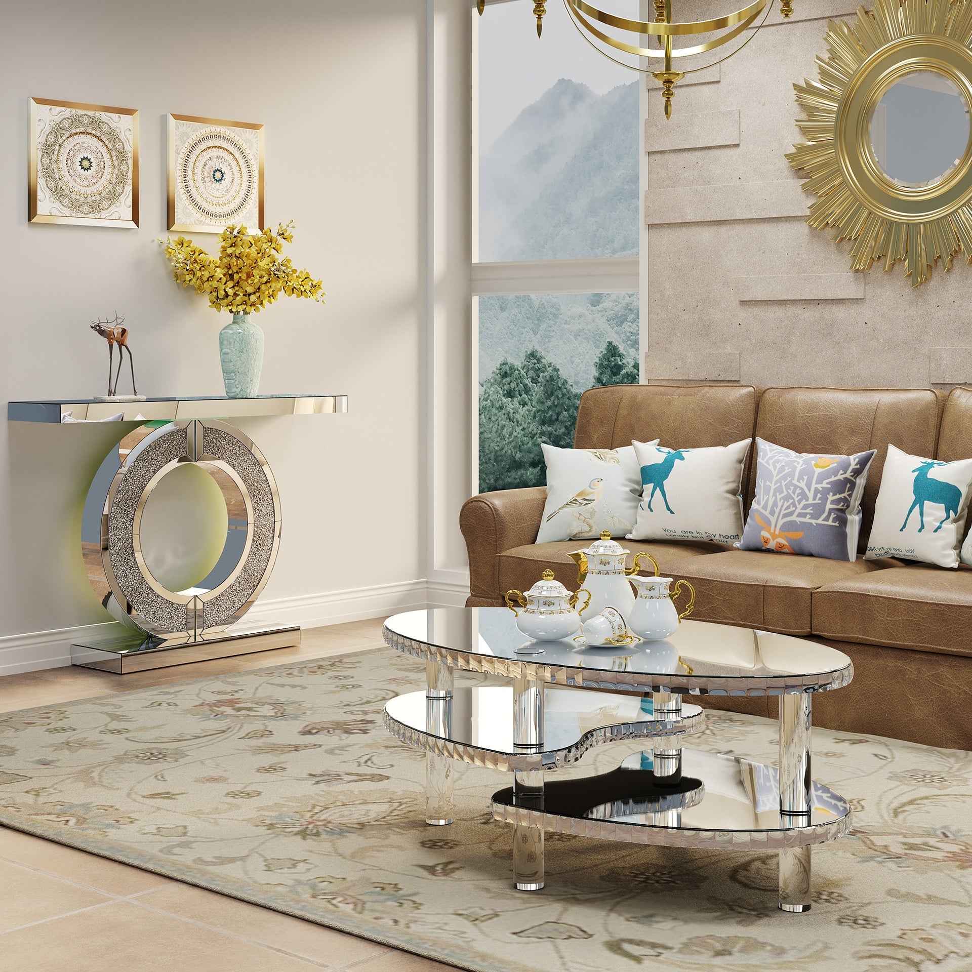 Silver Mirrored Glass Crystal Decor Coffee Table Oval Double-Layer  With Acylic Legs Modern Home Furnishing for Compact Living Spaces