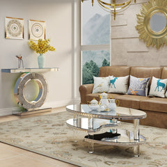 Silver Mirrored Glass Crystal Decor Coffee Table Oval Double-Layer  With Acylic Legs Modern Home Furnishing for Compact Living Spaces