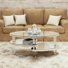 Silver Mirrored Glass Crystal Decor Coffee Table Oval Double-Layer  With Acylic Legs Modern Home Furnishing for Compact Living Spaces