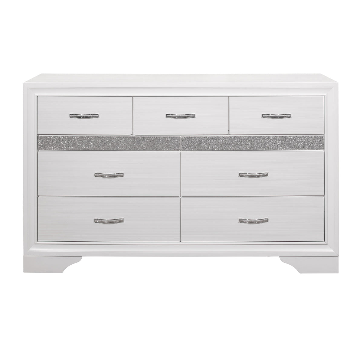 Modern Glam Dresser of 7 Drawers White and Silver Glitter Hidden Jewelry Drawers Ball Bearing Glides Modern Wooden Bedroom Furniture
