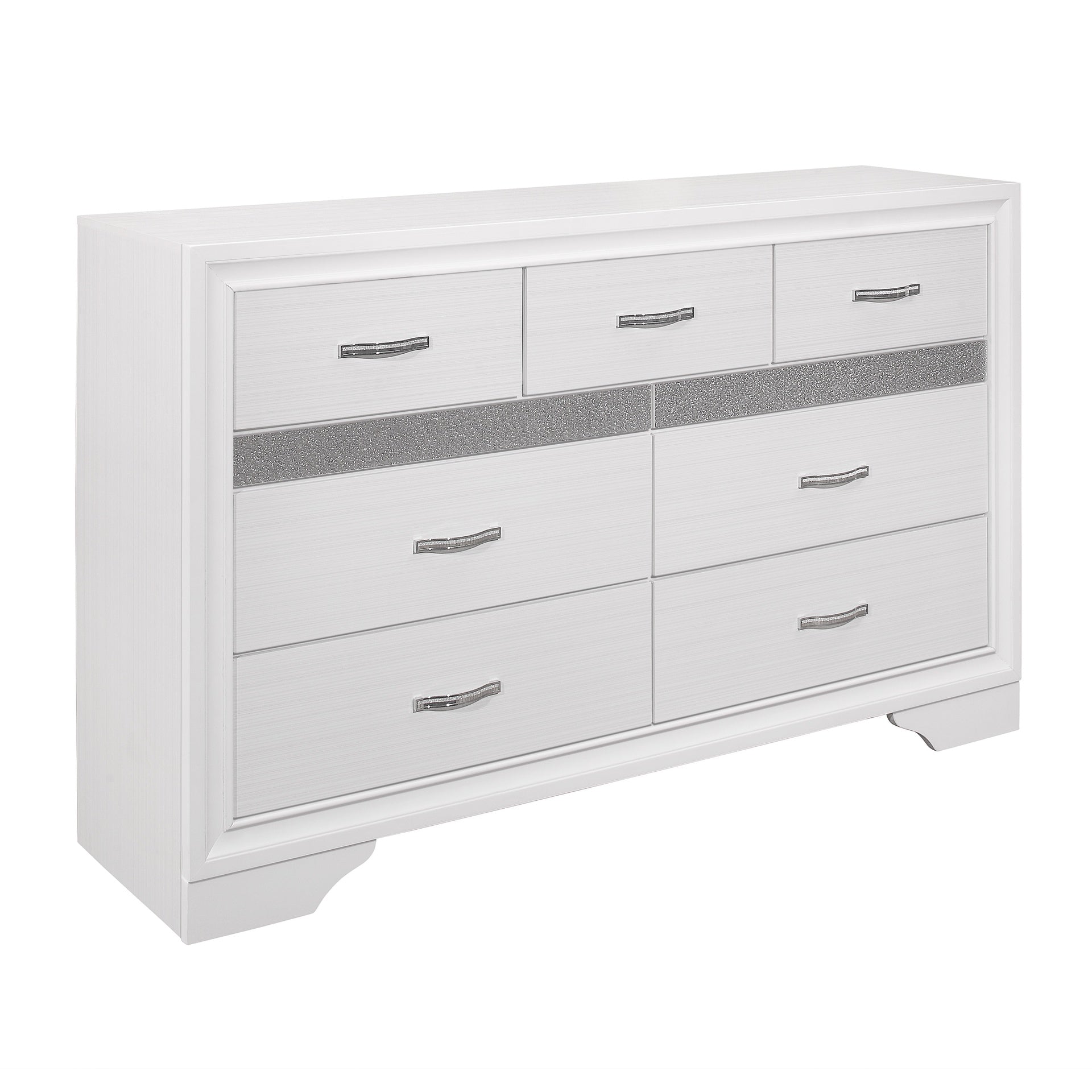Modern Glam Dresser of 7 Drawers White and Silver Glitter Hidden Jewelry Drawers Ball Bearing Glides Modern Wooden Bedroom Furniture