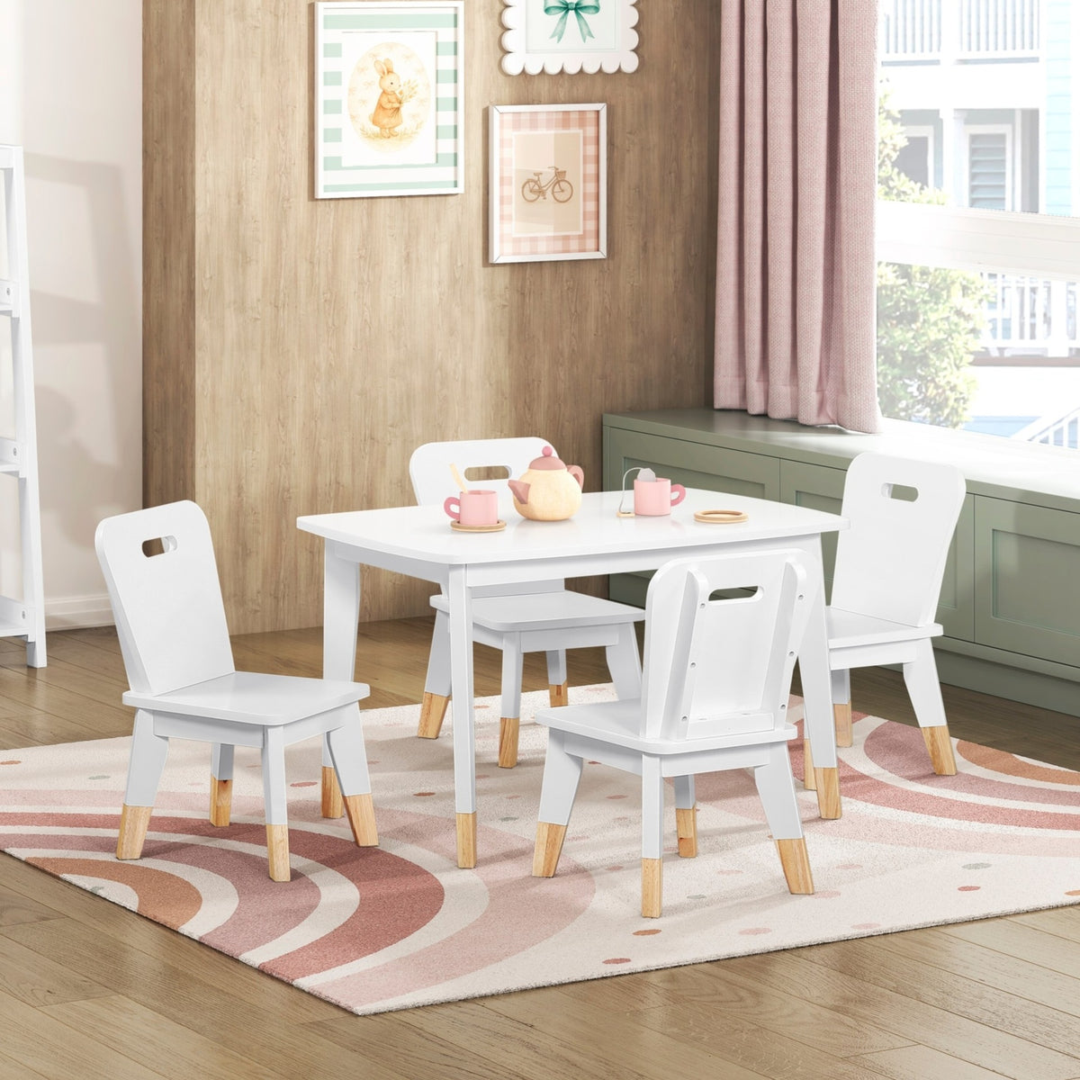 White Finish 5-Piece Pack Children Table and Chairs Set Sturdy Wood Frame Furniture, Small Play Table with Chairs