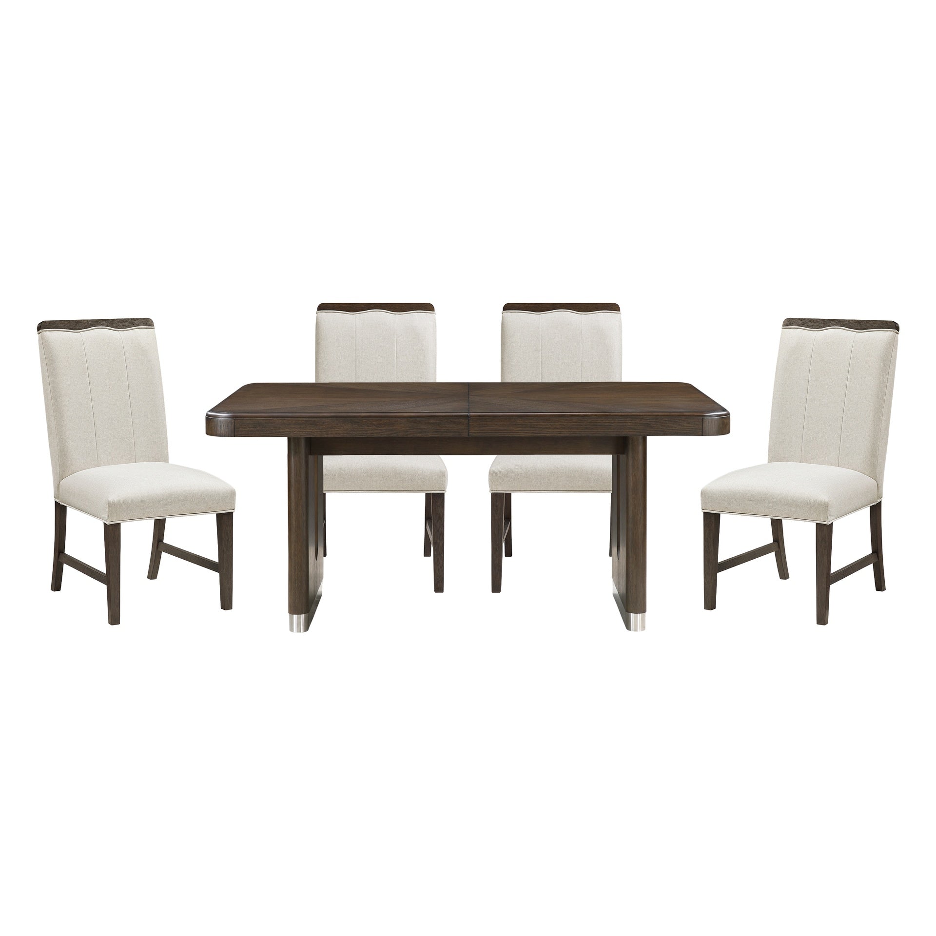 Modern Brown Finish Dining Set 5pcs Extendable Table with 4x Side Chairs Beige Upholstered Comfort Durable Metallic Accent Table Base Wooden Furniture