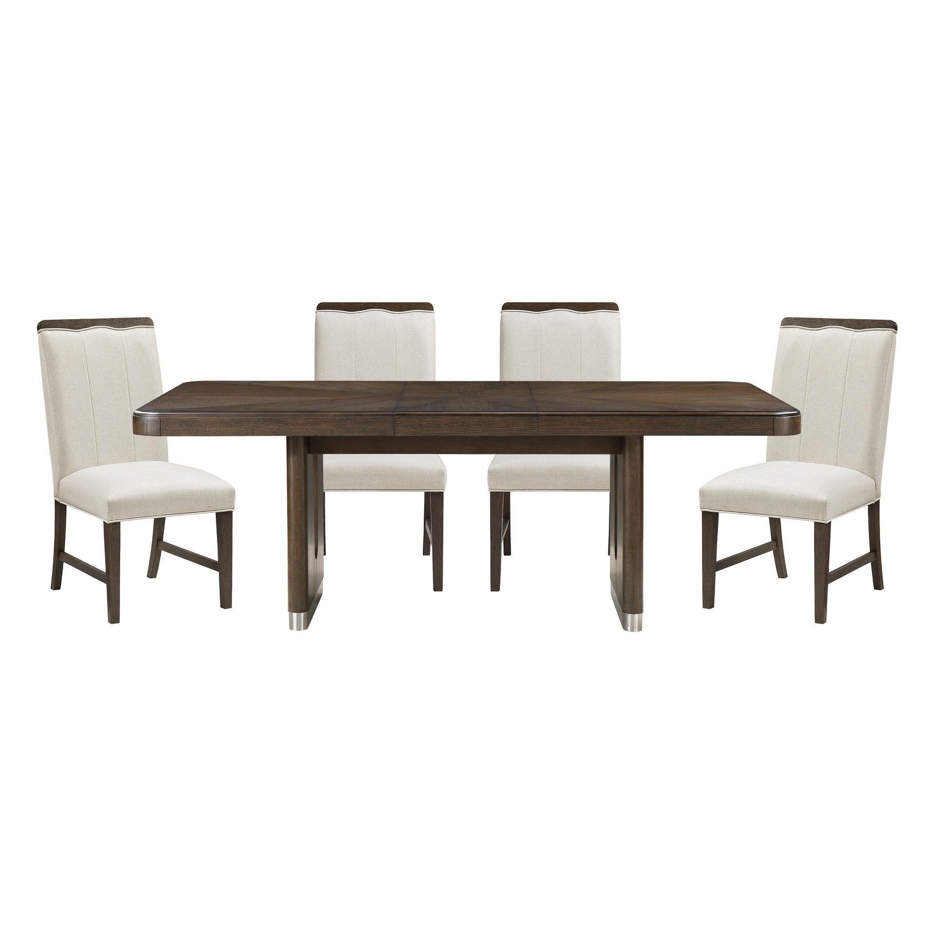 Modern Brown Finish Dining Set 5pcs Extendable Table with 4x Side Chairs Beige Upholstered Comfort Durable Metallic Accent Table Base Wooden Furniture