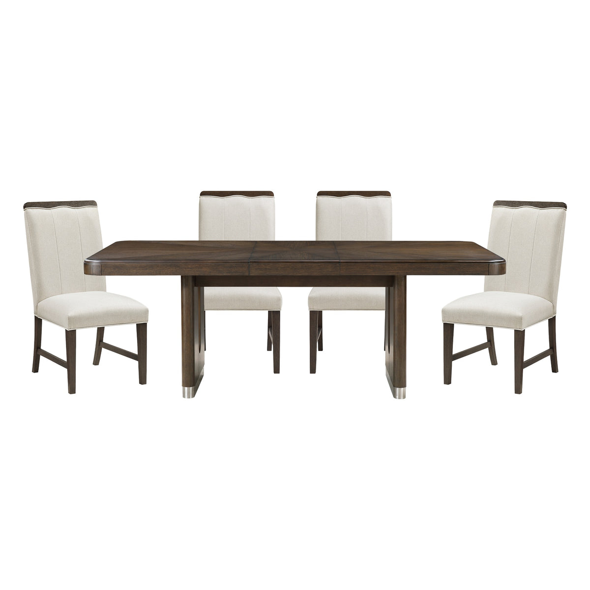 Modern Brown Finish Dining Set 5pcs Extendable Table with 4x Side Chairs Beige Upholstered Comfort Durable Metallic Accent Table Base Wooden Furniture