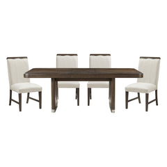 Modern Brown Finish Dining Set 5pcs Extendable Table with 4x Side Chairs Beige Upholstered Comfort Durable Metallic Accent Table Base Wooden Furniture