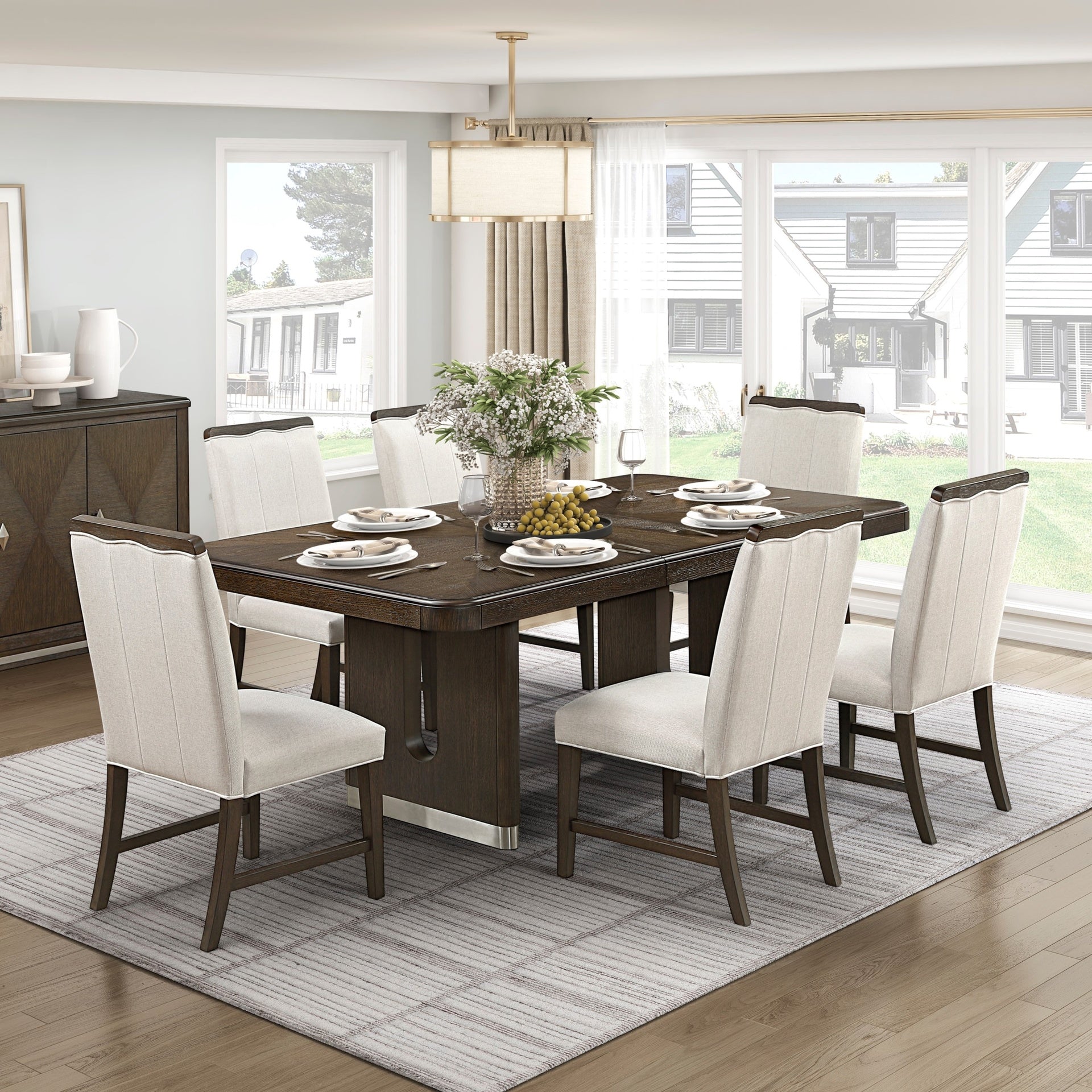 Modern Brown Finish Dining Set 7pcs Extendable Table with 6x Side Chairs Beige Upholstered Comfort Durable Metallic Accent Table Base Wooden Furniture