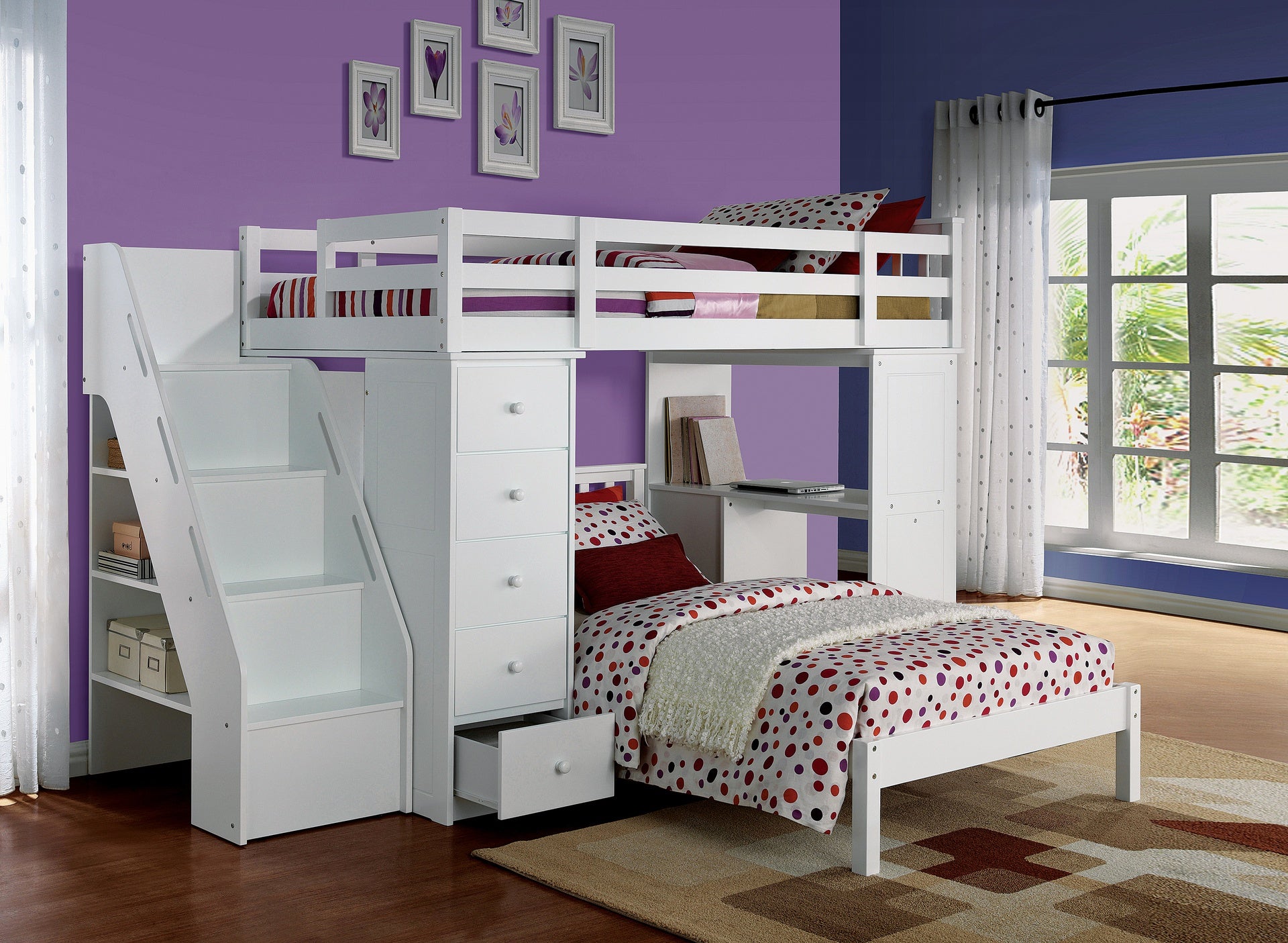 Freya White Finish Twin Loft Bed W/Storage (not including the bottom twin bed)