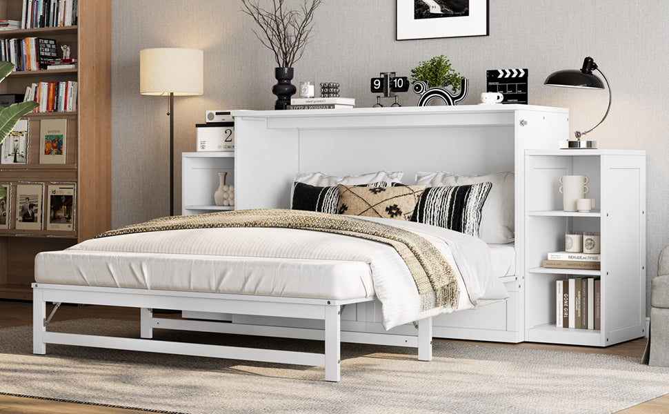 Queen size Murphy bed with spacious storage drawers and shelves. Ideal for guest rooms or compact bedrooms. White