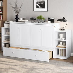 Queen size Murphy bed with spacious storage drawers and shelves. Ideal for guest rooms or compact bedrooms. White