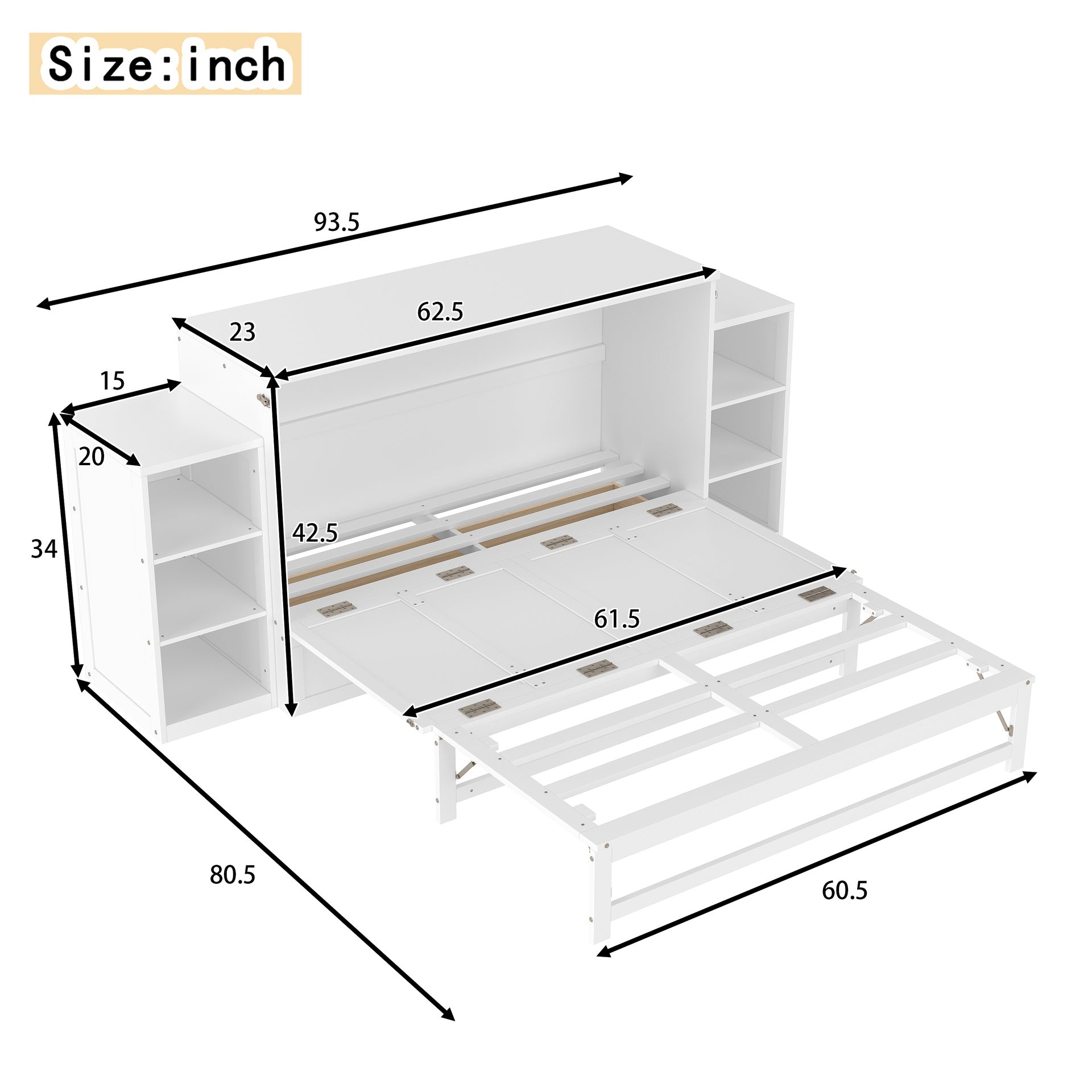 Queen size Murphy bed with spacious storage drawers and shelves. Ideal for guest rooms or compact bedrooms. White