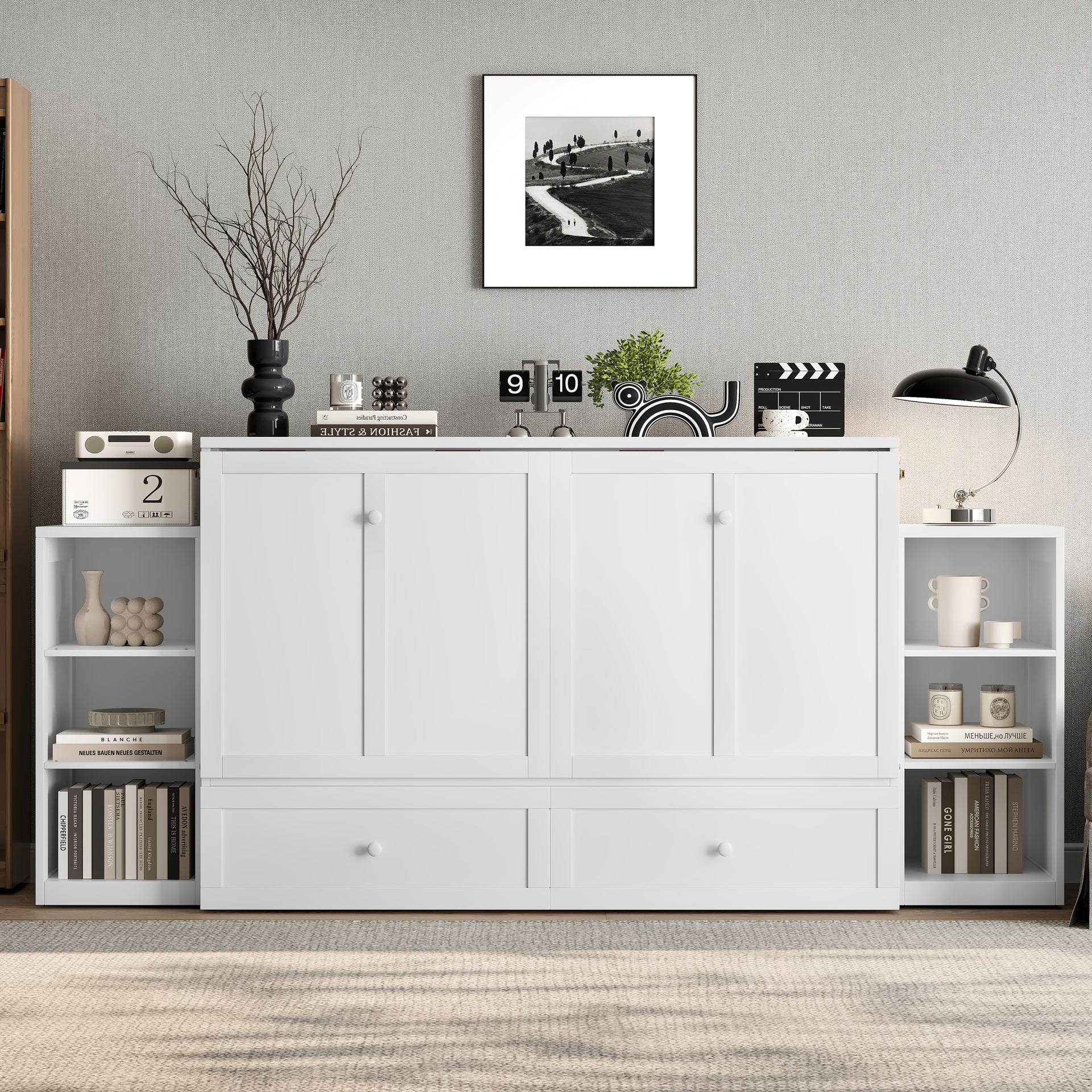 Queen size Murphy bed with spacious storage drawers and shelves. Ideal for guest rooms or compact bedrooms. White