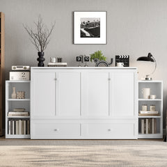 Queen size Murphy bed with spacious storage drawers and shelves. Ideal for guest rooms or compact bedrooms. White