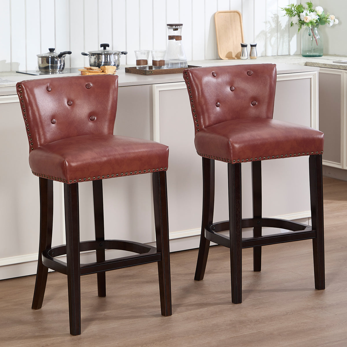 Cow top Leather Wooden Bar Stools, Fixed height Bar Chair with Backs,Bar height Couner Height Barstools  for Home Kitchen Dining Room and Bar Room(Brown 2pc)