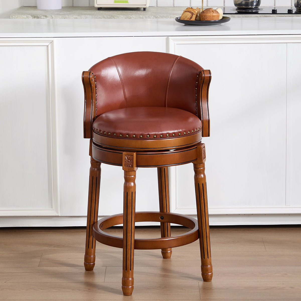 Cow top Leather Wooden Bar Stools, 360 Degree Swivel Bar Chair with Backs,Bar height Couner Height Barstools  for Home Kitchen Dining Room and Bar Room(brown 1pc)