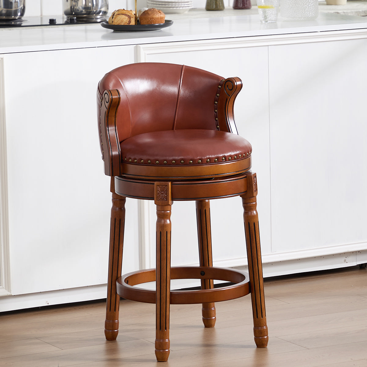 Cow top Leather Wooden Bar Stools, 360 Degree Swivel Bar Chair with Backs,Bar height Couner Height Barstools  for Home Kitchen Dining Room and Bar Room(brown 1pc)