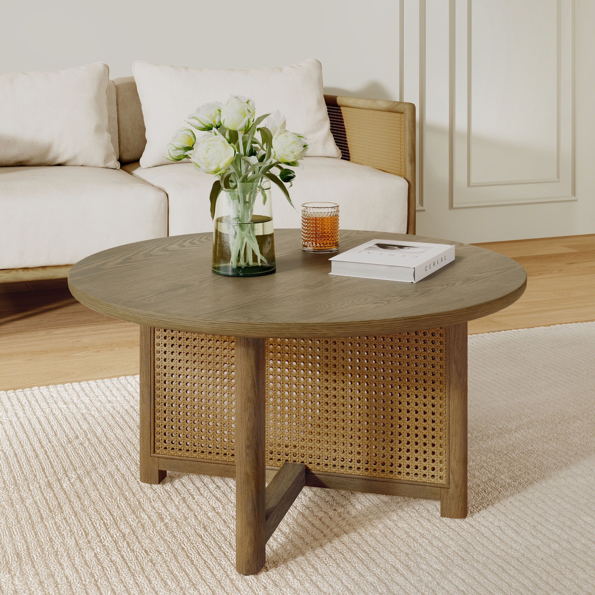 32'' Rattan Coffee Table, Round Rattan Woven Wood Coffee Table