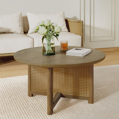 32'' Rattan Coffee Table, Round Rattan Woven Wood Coffee Table