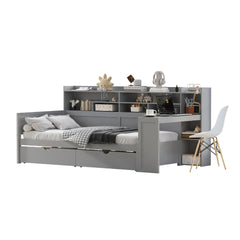 Wooden Twin Size Daybed with Storage Shelves, Multi-functional Bed with Two Storage Drawers and  Study Desk, Gray
