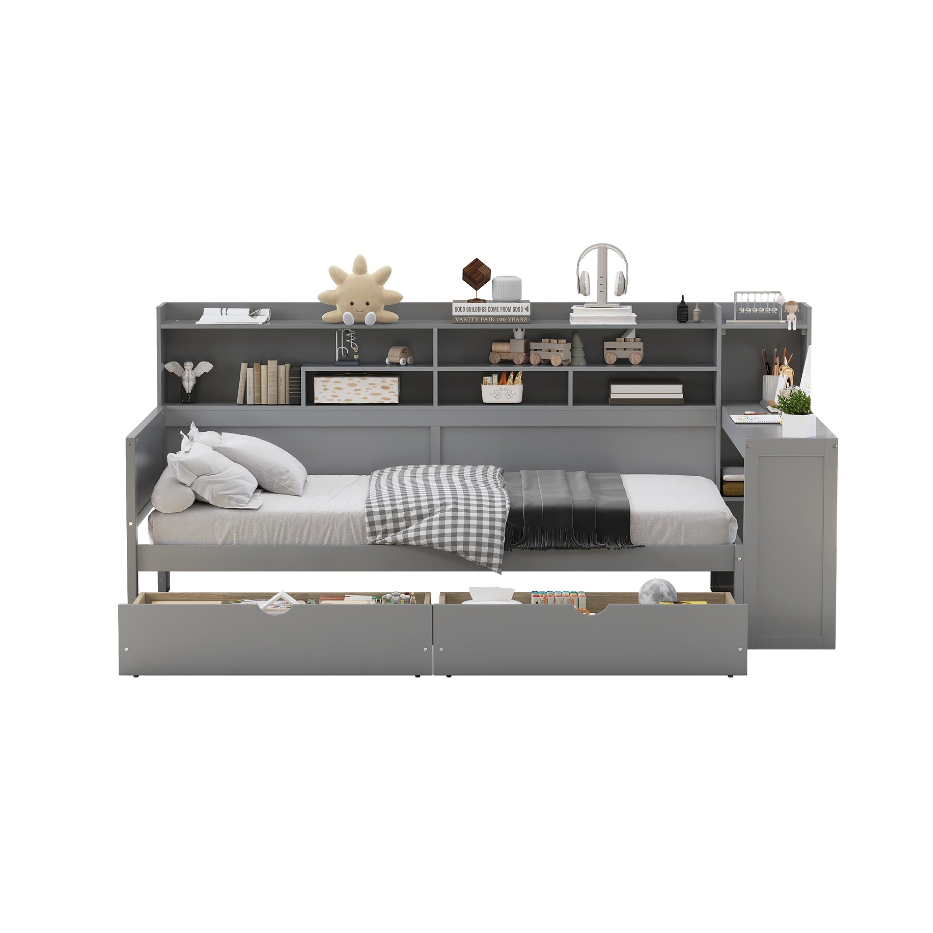 Wooden Twin Size Daybed with Storage Shelves, Multi-functional Bed with Two Storage Drawers and  Study Desk, Gray