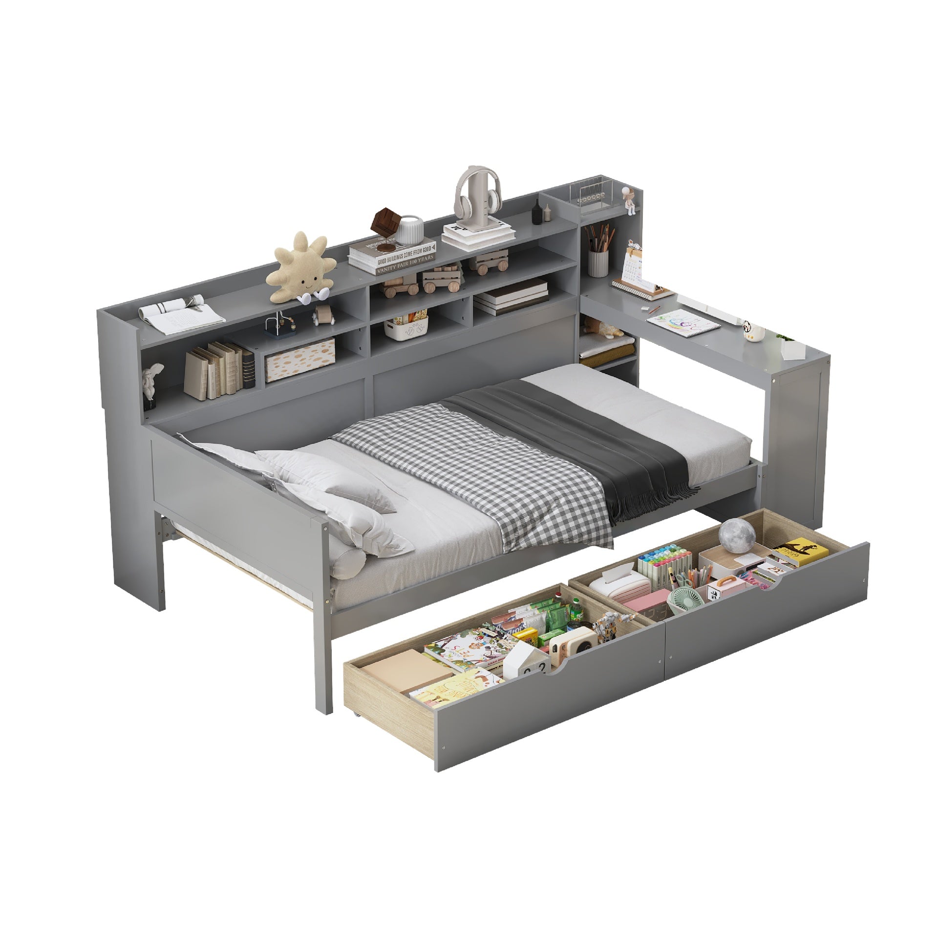 Wooden Twin Size Daybed with Storage Shelves, Multi-functional Bed with Two Storage Drawers and  Study Desk, Gray