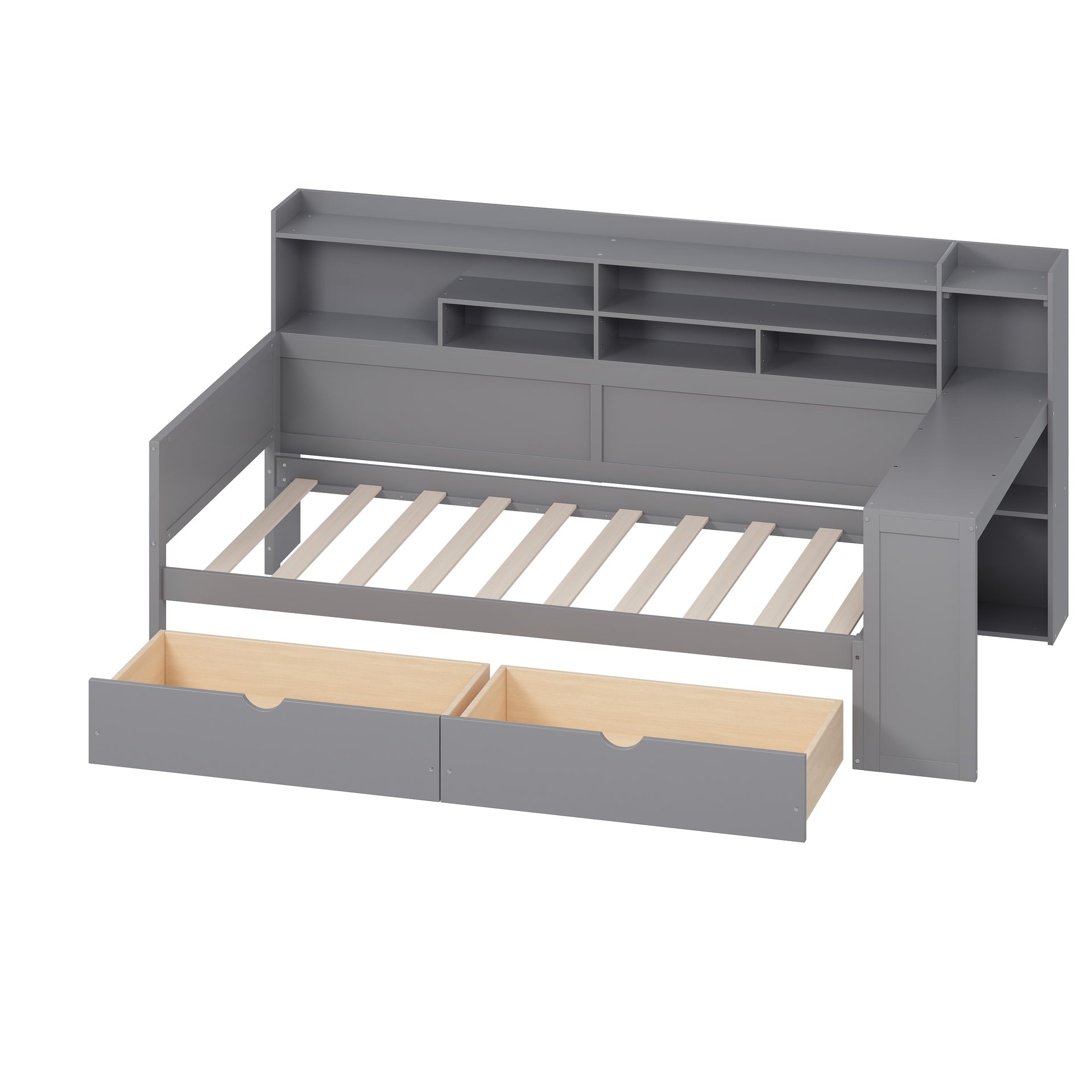 Wooden Twin Size Daybed with Storage Shelves, Multi-functional Bed with Two Storage Drawers and  Study Desk, Gray