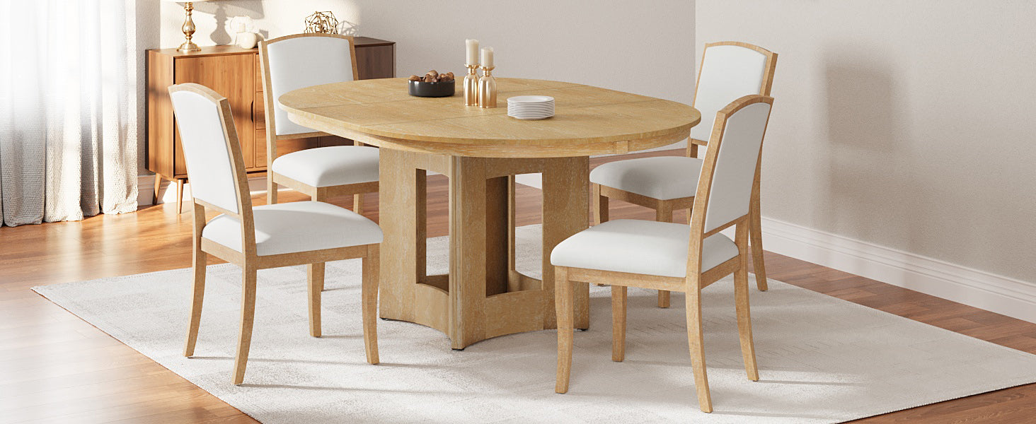 TOPMAX Farmhouse Extendable Round Dining Table Set for 4, 5-Piece Kitchen Table Set with 4 Upholstered Chairs and 16inch Removable Leaf for Small Places, Natural+Beige