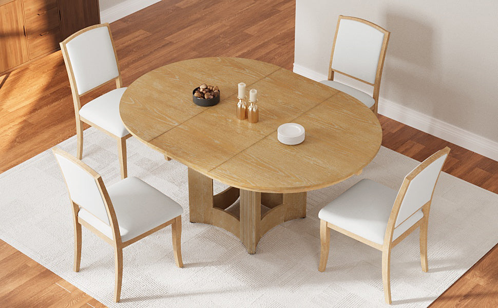 TOPMAX Farmhouse Extendable Round Dining Table Set for 4, 5-Piece Kitchen Table Set with 4 Upholstered Chairs and 16inch Removable Leaf for Small Places, Natural+Beige