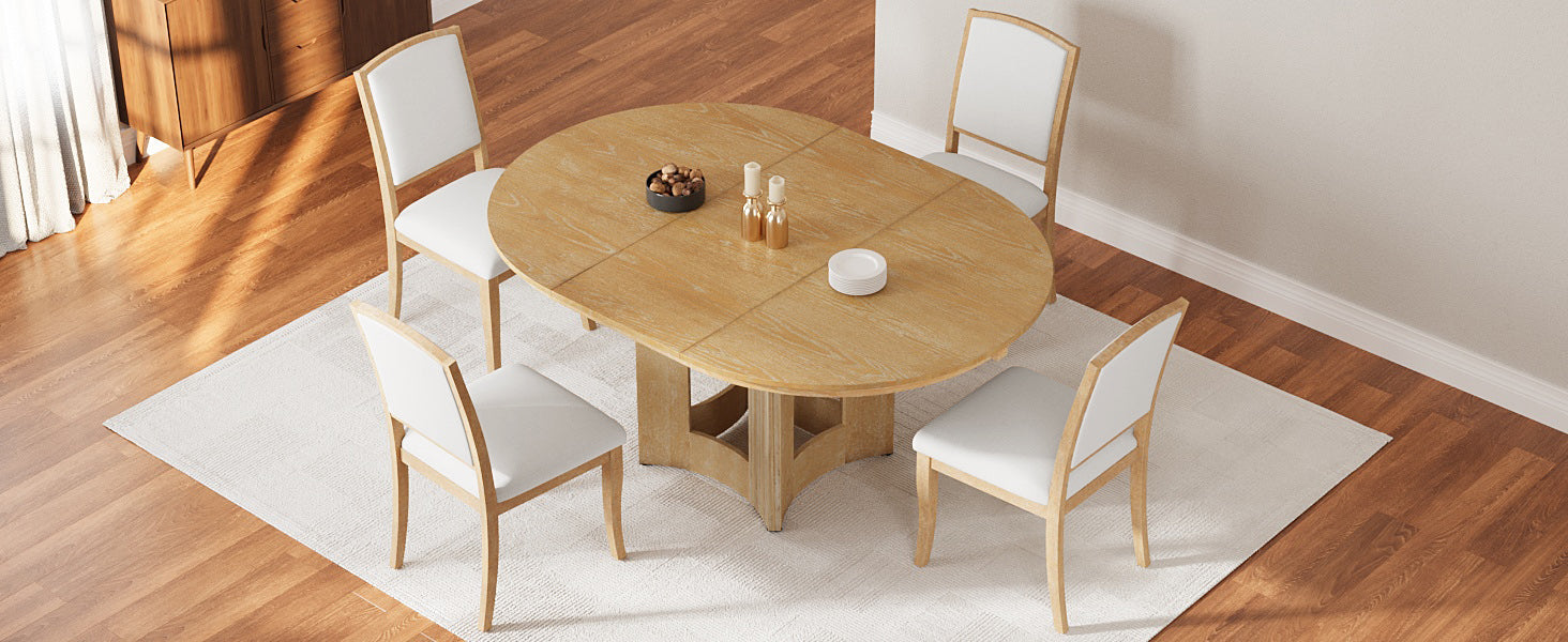 TOPMAX Farmhouse Extendable Round Dining Table Set for 4, 5-Piece Kitchen Table Set with 4 Upholstered Chairs and 16inch Removable Leaf for Small Places, Natural+Beige