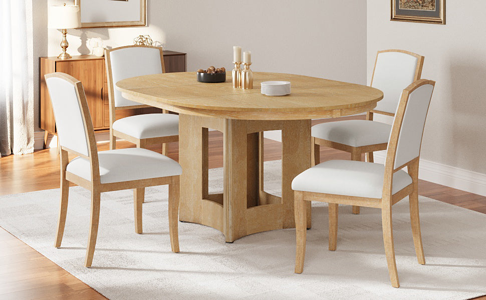 TOPMAX Farmhouse Extendable Round Dining Table Set for 4, 5-Piece Kitchen Table Set with 4 Upholstered Chairs and 16inch Removable Leaf for Small Places, Natural+Beige
