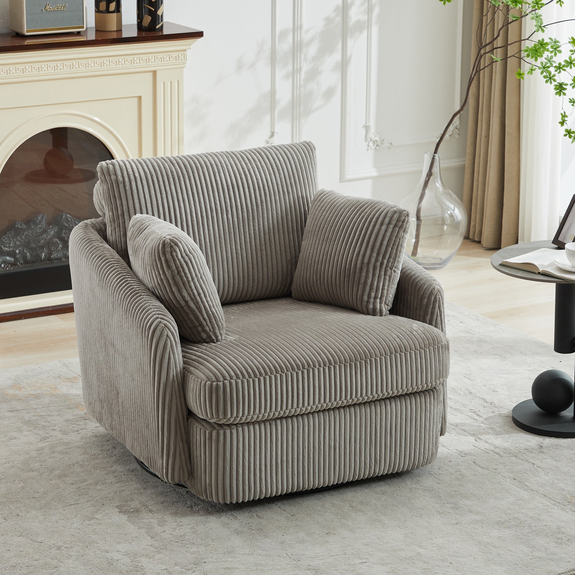 40.55"W Swivel Accent Chair  With 2 Thorw Pillows 360 Degree Swivel Round Sofa Modern Oversized Arm Chair Cozy Club Chair for Bedroom Living Room Lounge Hotel,Gray Corduroy