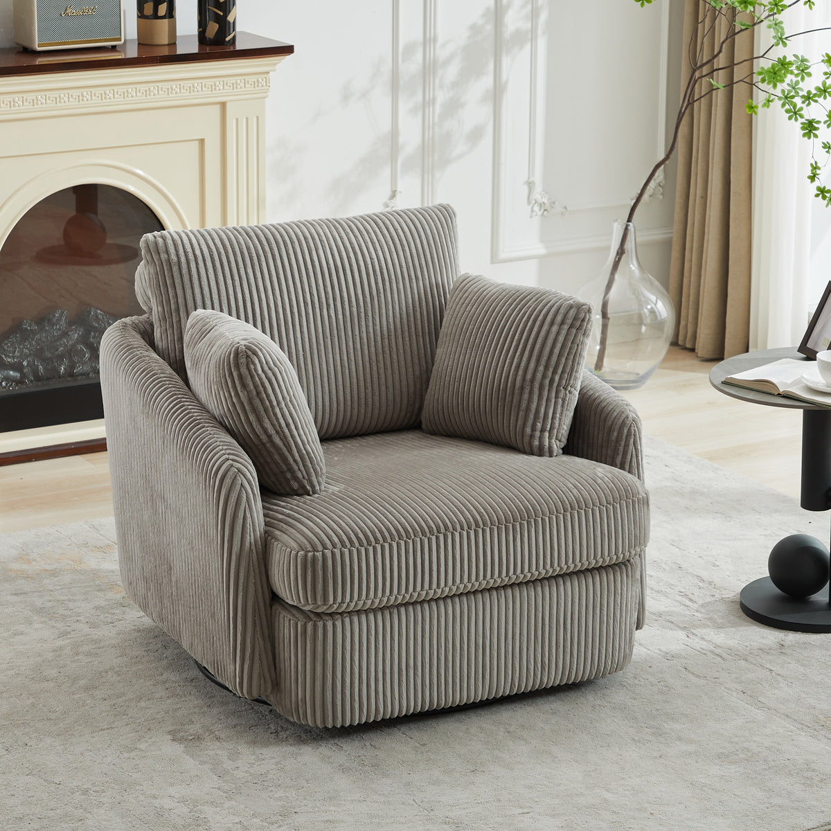 40.55"W Swivel Accent Chair  With 2 Thorw Pillows 360 Degree Swivel Round Sofa Modern Oversized Arm Chair Cozy Club Chair for Bedroom Living Room Lounge Hotel,Gray Corduroy