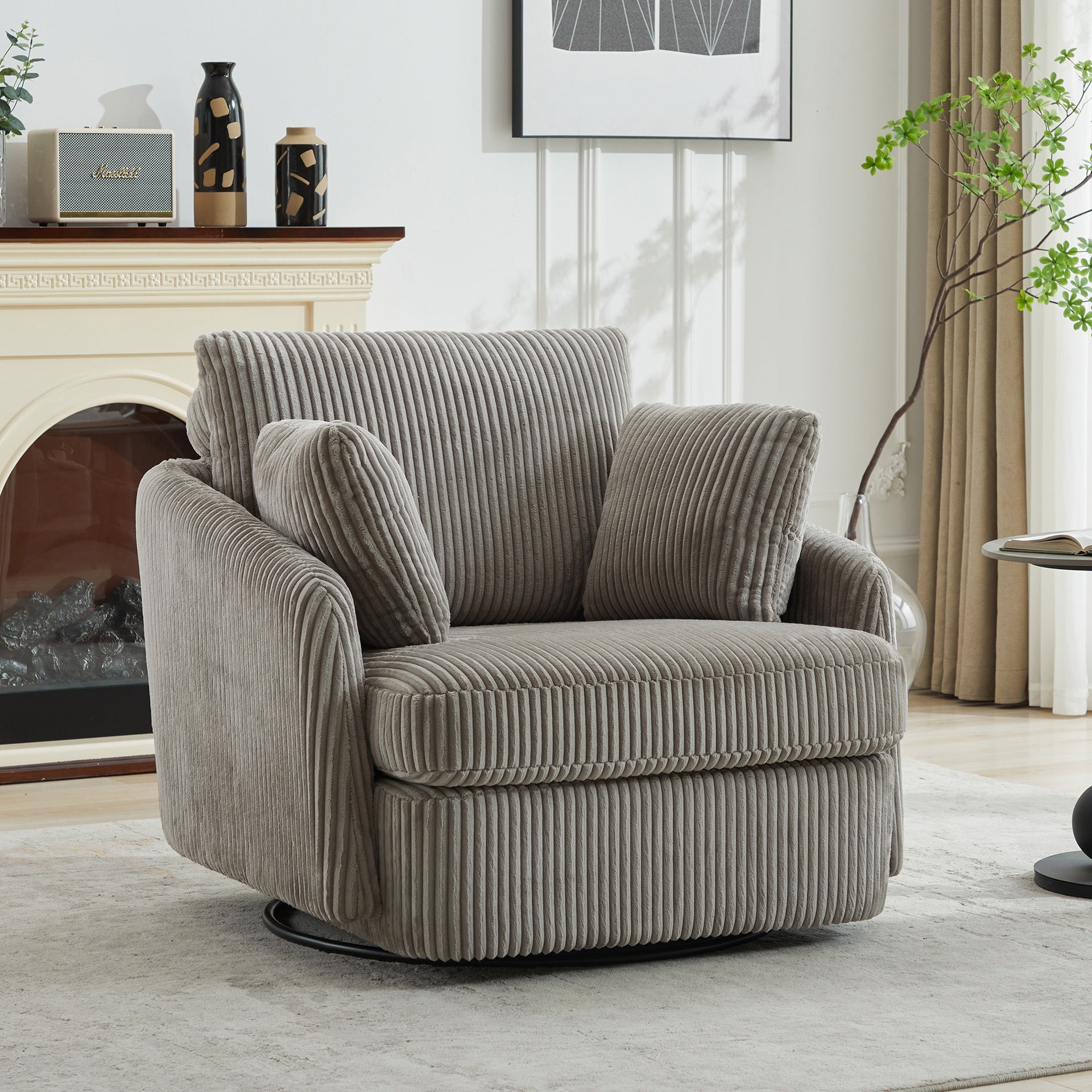 40.55"W Swivel Accent Chair  With 2 Thorw Pillows 360 Degree Swivel Round Sofa Modern Oversized Arm Chair Cozy Club Chair for Bedroom Living Room Lounge Hotel,Gray Corduroy