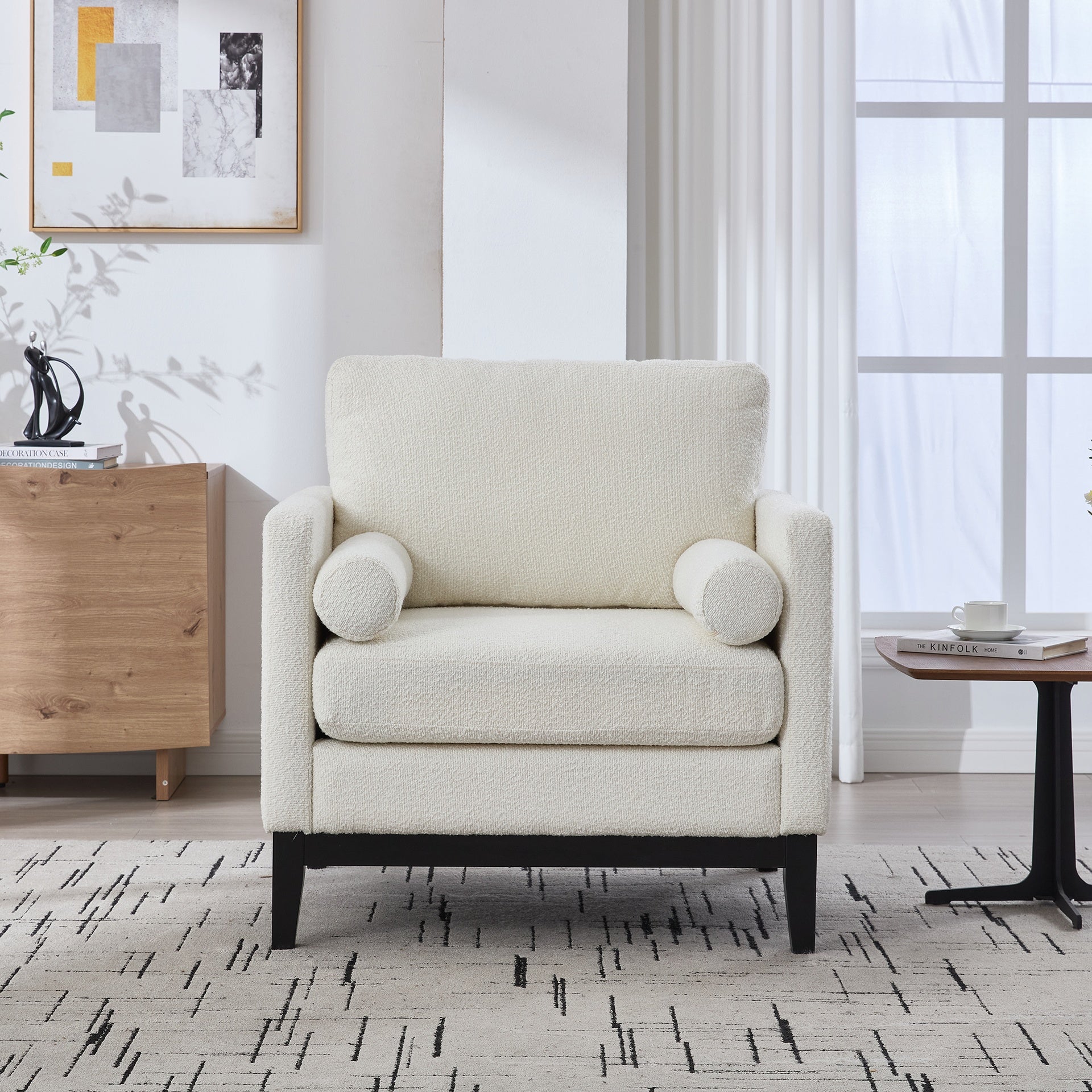 35.4 "Wide Modern Farmhouse Performance Accent Chair with Black Finish Legs, Wood Base Reading Armchair Single Sofa with Two Bolster Pillows for Living Room offices and Lounge, Ivory Boucle.