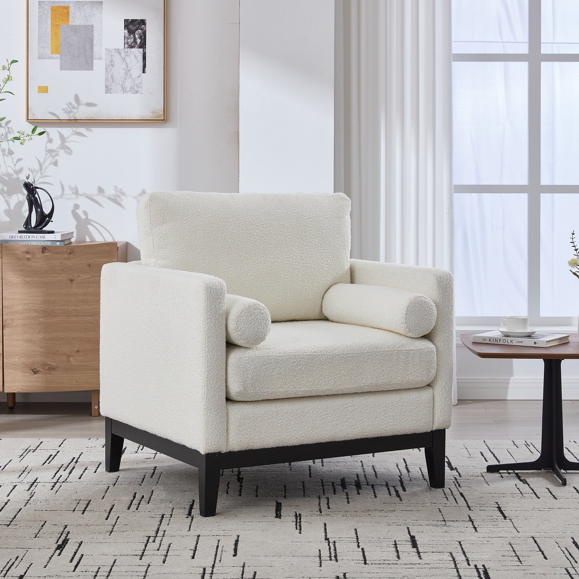 35.4 "Wide Modern Farmhouse Performance Accent Chair with Black Finish Legs, Wood Base Reading Armchair Single Sofa with Two Bolster Pillows for Living Room offices and Lounge, Ivory Boucle.