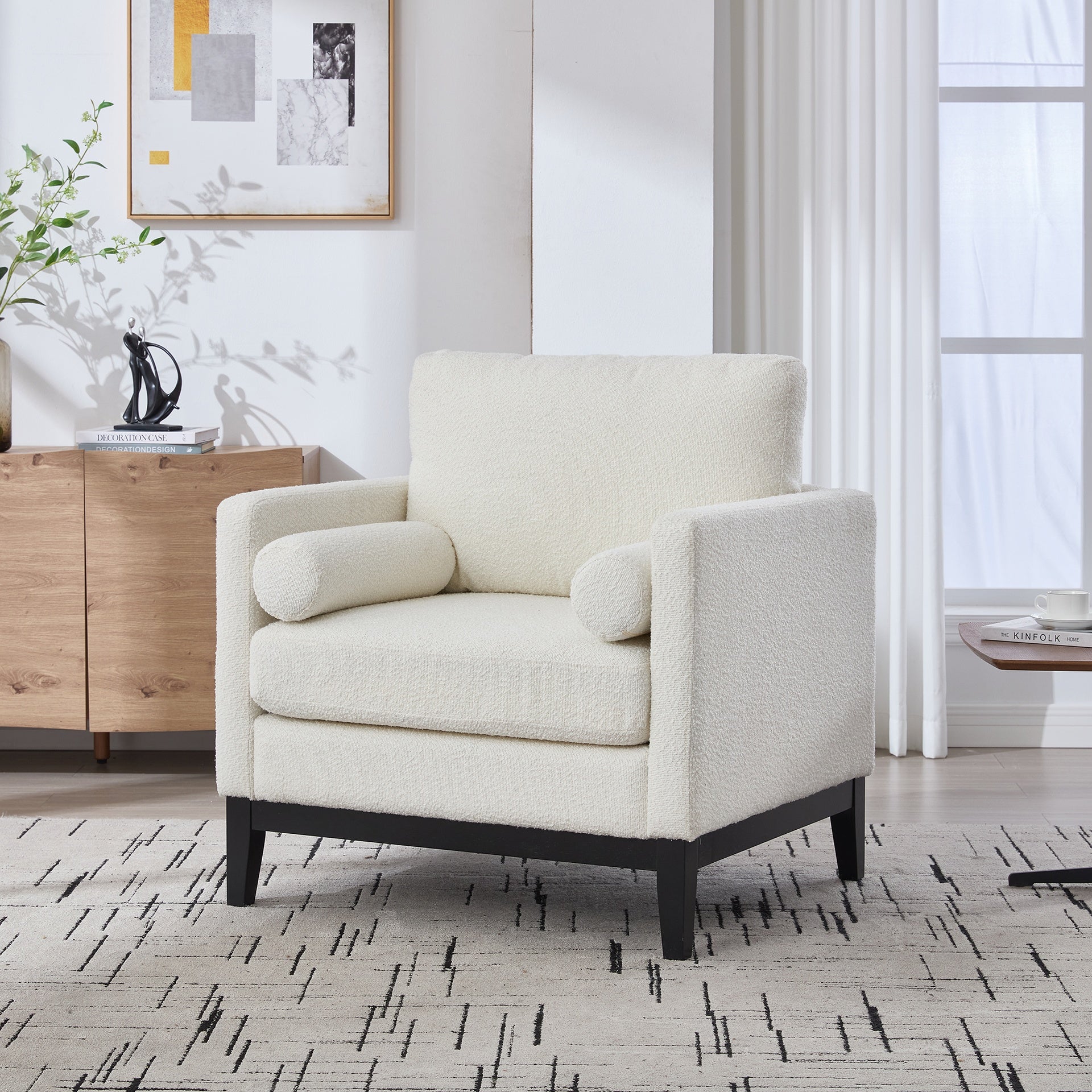 35.4 "Wide Modern Farmhouse Performance Accent Chair with Black Finish Legs, Wood Base Reading Armchair Single Sofa with Two Bolster Pillows for Living Room offices and Lounge, Ivory Boucle.
