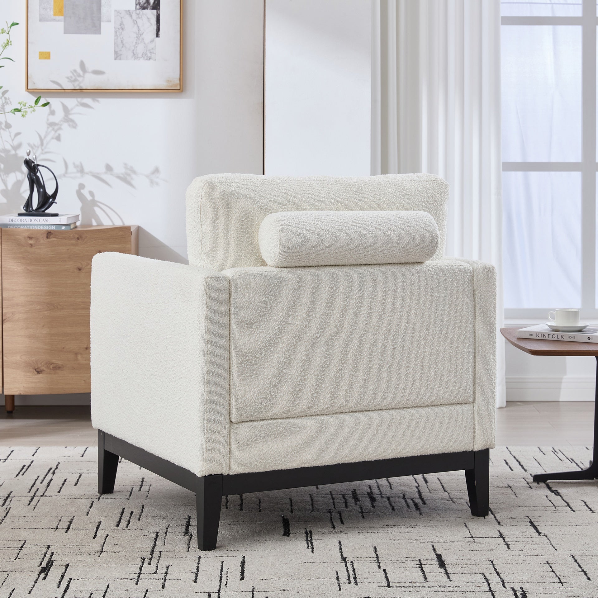35.4 "Wide Modern Farmhouse Performance Accent Chair with Black Finish Legs, Wood Base Reading Armchair Single Sofa with Two Bolster Pillows for Living Room offices and Lounge, Ivory Boucle.