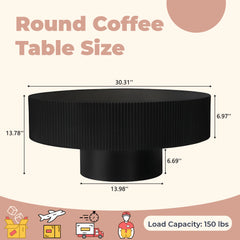 Round Coffee Table, Fluted Coffee Table with Sturdy Pedestal, Mid Century Modern Coffee Table for Living Room, Bedroom, Terrace, Office, Small Space (Black Round Thick)