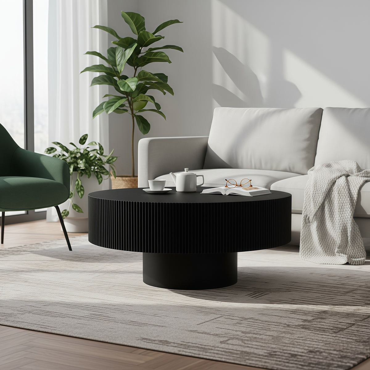 Round Coffee Table, Fluted Coffee Table with Sturdy Pedestal, Mid Century Modern Coffee Table for Living Room, Bedroom, Terrace, Office, Small Space (Black Round Thick)