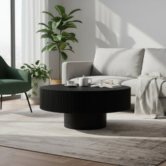 Round Coffee Table, Fluted Coffee Table with Sturdy Pedestal, Mid Century Modern Coffee Table for Living Room, Bedroom, Terrace, Office, Small Space (Black Round Thick)