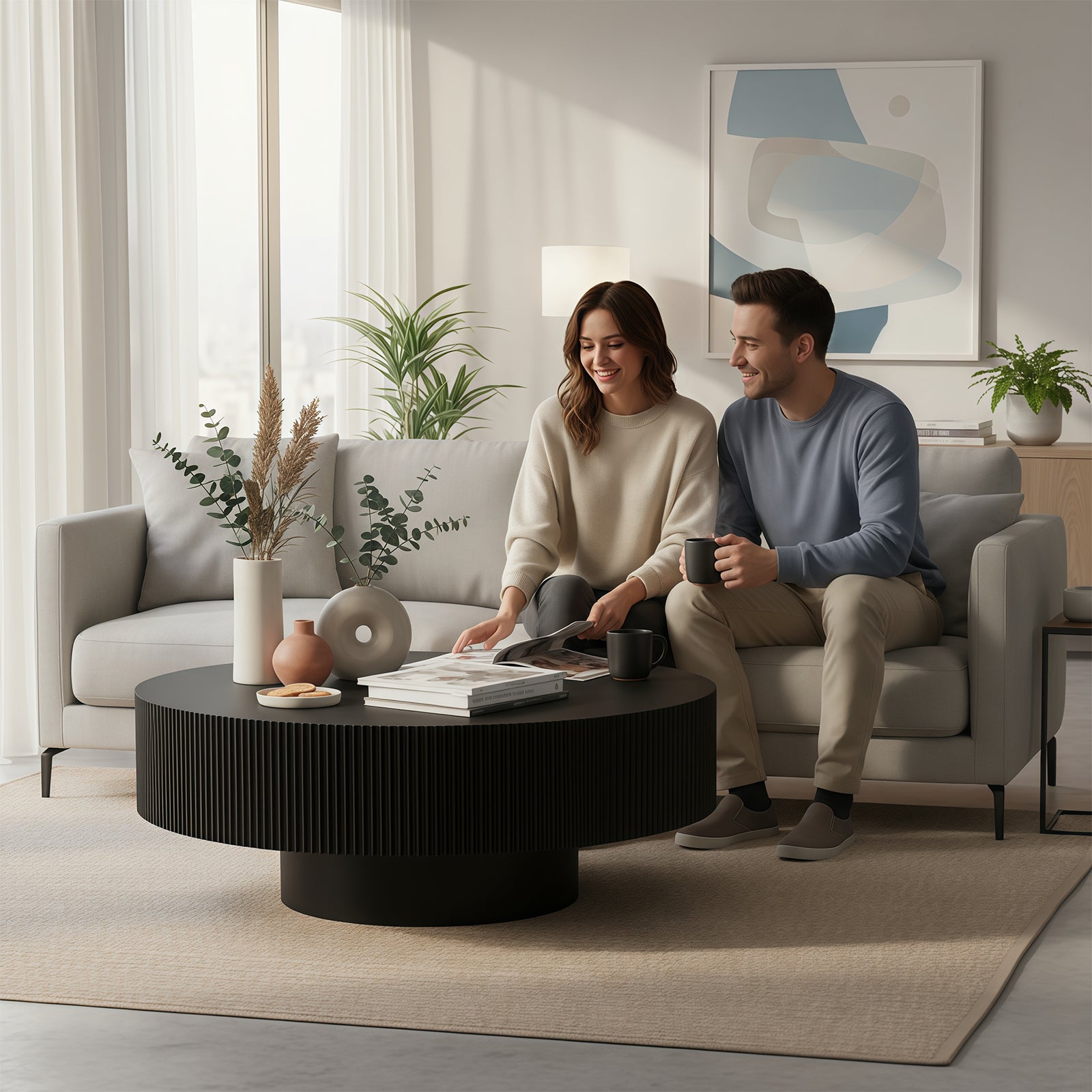 Round Coffee Table, Fluted Coffee Table with Sturdy Pedestal, Mid Century Modern Coffee Table for Living Room, Bedroom, Terrace, Office, Small Space (Black Round Thick)