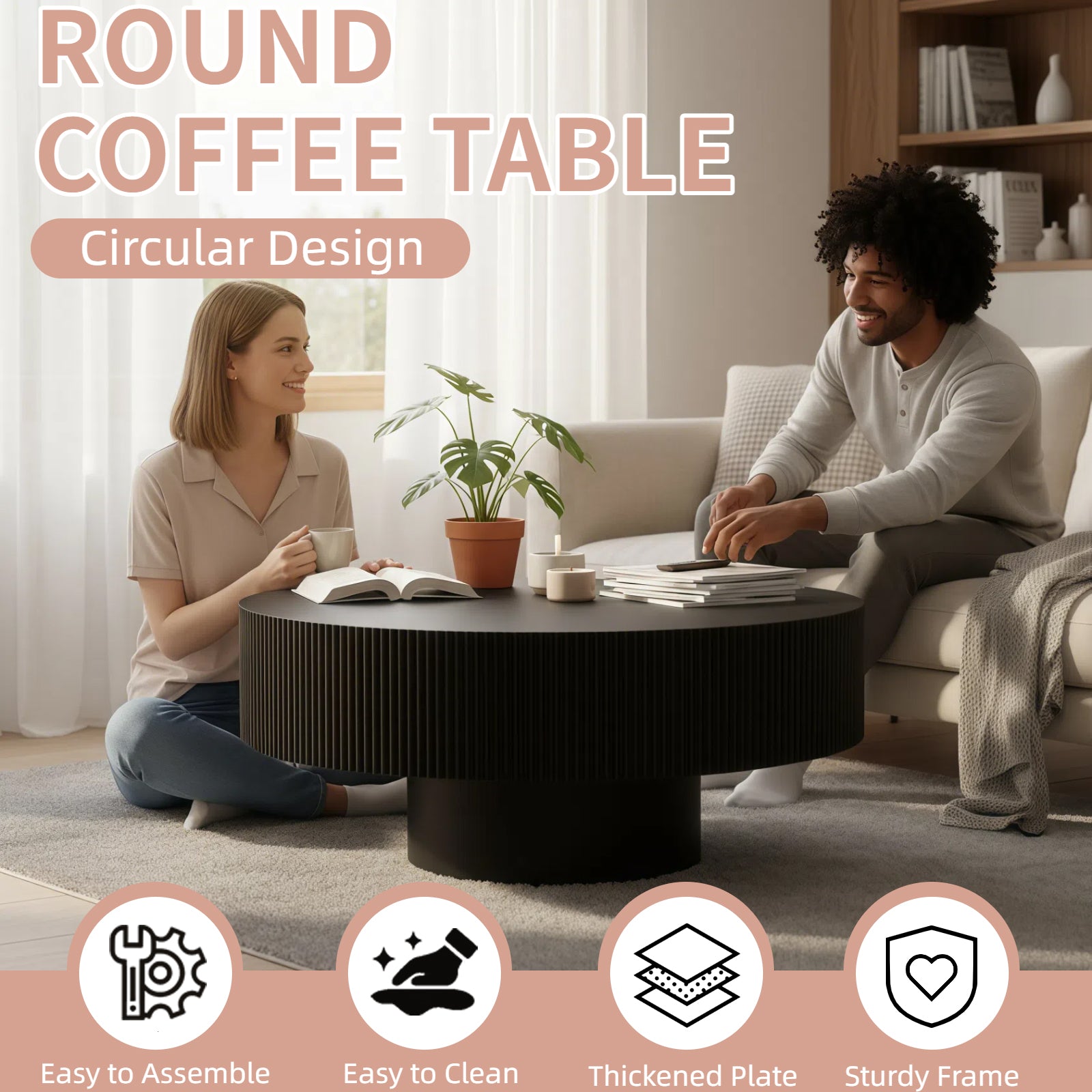 Round Coffee Table, Fluted Coffee Table with Sturdy Pedestal, Mid Century Modern Coffee Table for Living Room, Bedroom, Terrace, Office, Small Space (Black Round Thick)