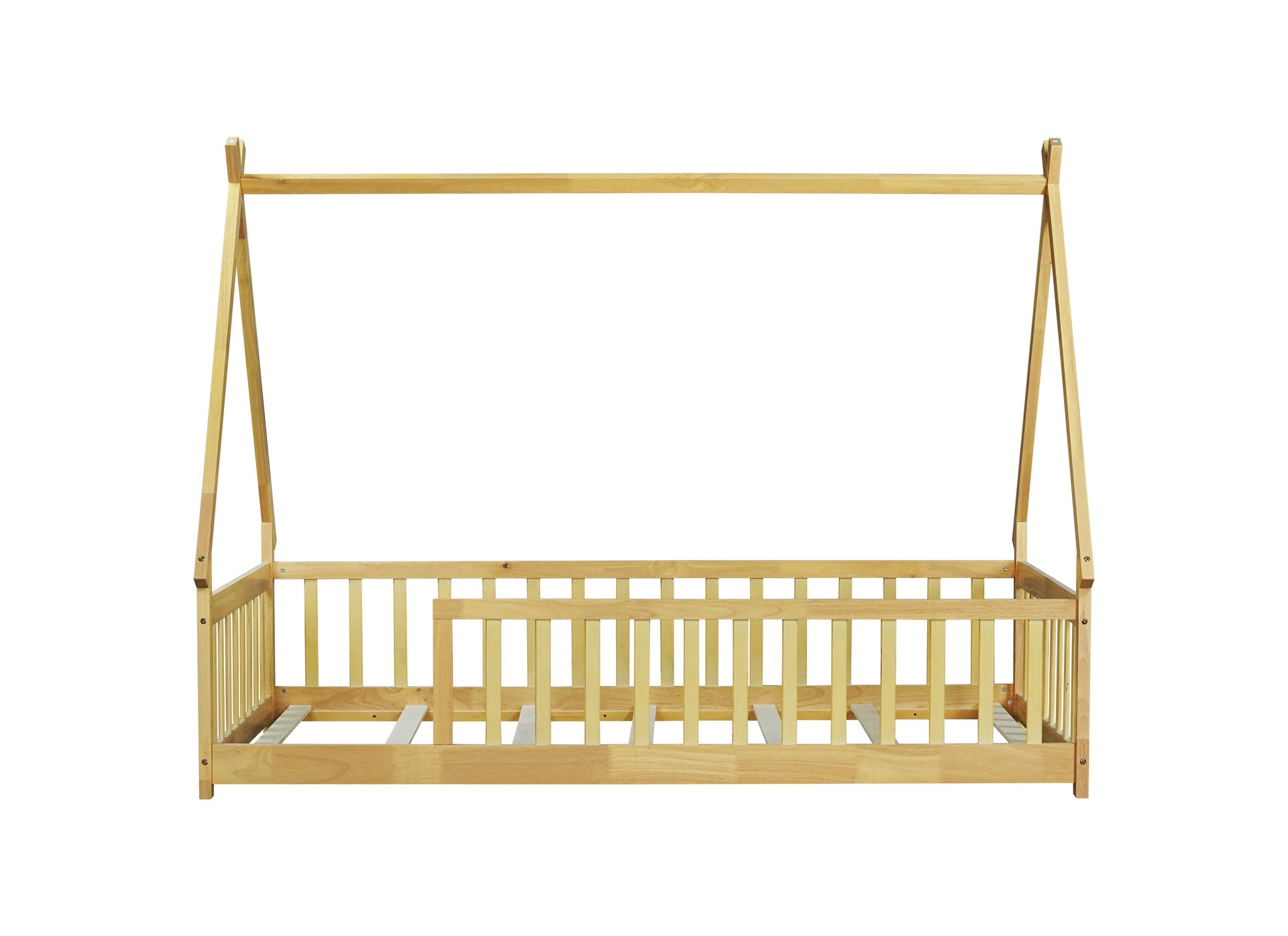 Twin Tent-shaped Floor Bed,Teepee Bed with Guardrails,Slats,Natural
