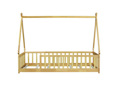 Twin Tent-shaped Floor Bed,Teepee Bed with Guardrails,Slats,Natural