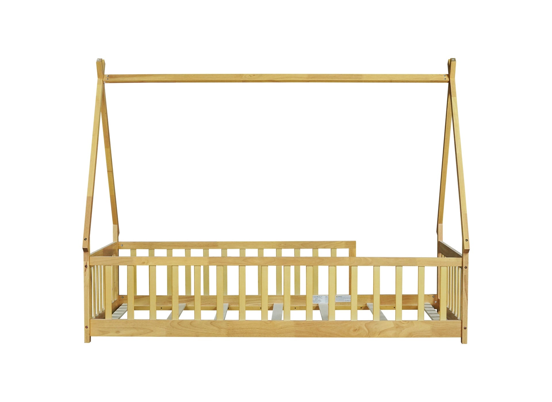 Twin Tent-shaped Floor Bed,Teepee Bed with Guardrails,Slats,Natural