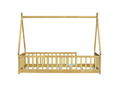 Twin Tent-shaped Floor Bed,Teepee Bed with Guardrails,Slats,Natural
